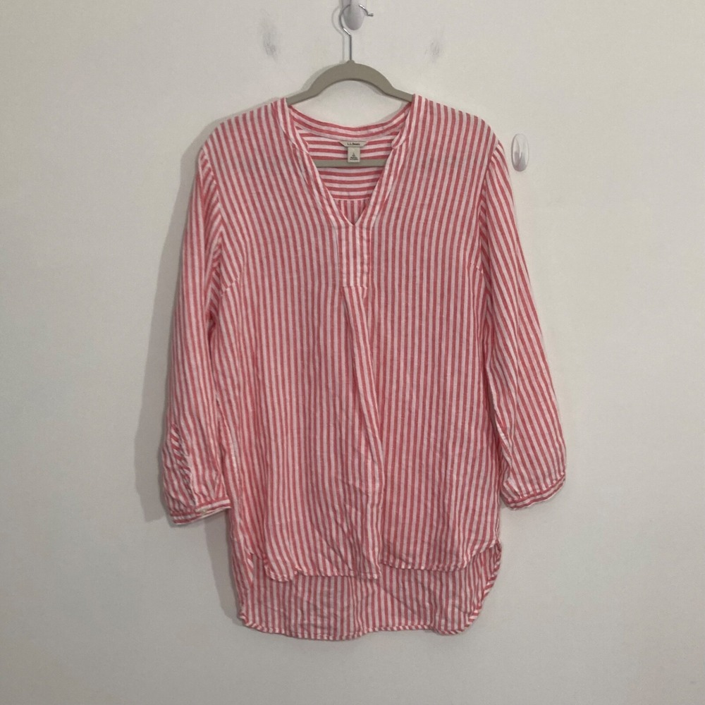 LL Bean Womens Top Large Pink Stripe Linen Coastal Grandma Beach Tunic